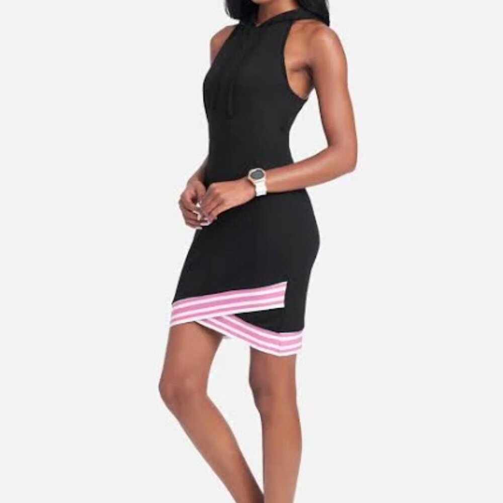 NWT Bebe Black & Pink Sleeveless Hoodie Mini Dress Fitted Women's Size S
